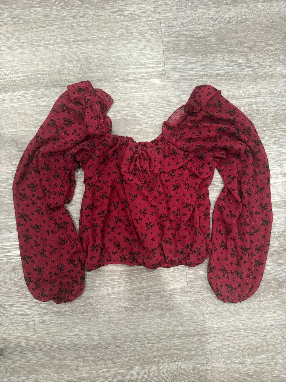 Trixxi Burgundy Floral Puff Sleeve Crop Top | Small